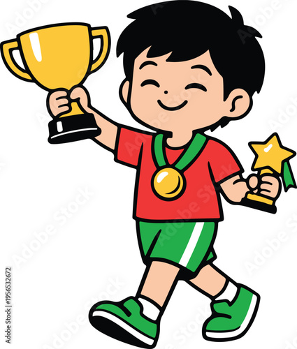 Proud young champion athlete holding a gold trophy and star award, triumphant cartoon vector illustration