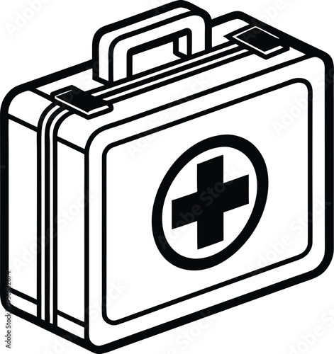 A simple black and white line art illustration of a classic medical first aid kit carrying case Vector, illustration