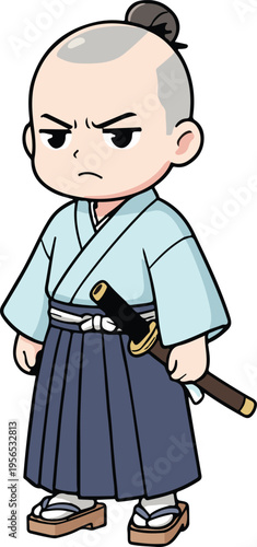 Chibi young samurai in traditional blue kimono and hakama with a katana, stoic character vector illustration