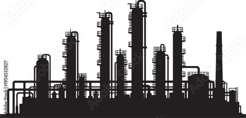 A detailed black silhouette of a large industrial oil refinery plant on a clean white background Vector, illustration