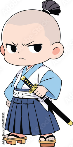 Determined young chibi samurai in a blue and white kimono holding a katana hilt, stoic character vector illustration