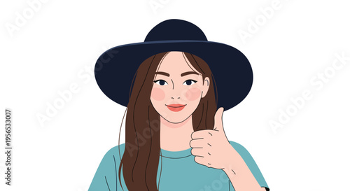 Young woman wearing a large dark blue sun hat giving a positive thumbs up gesture with a very friendly smile.