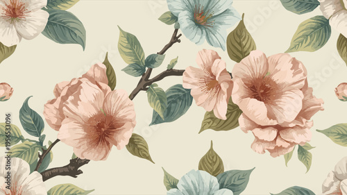 Vector template pattern of vintage flowers with delicate petals and soft textures, featuring a curved branch of a blossoming tree with lush green leaves and intricate details