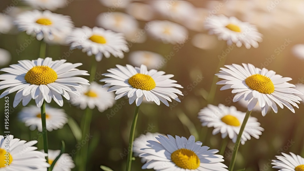 Fototapeta premium A serene field of white daisies with yellow centers in warm sunlight