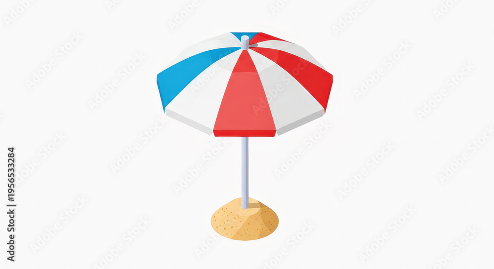 Fototapeta premium Beach umbrella offers vibrant shade with a striped canopy in a minimalist isometric style