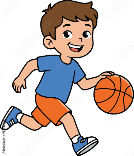 Cheerful young boy in blue t-shirt and orange shorts running while dribbling a basketball, lively sports vector illustration