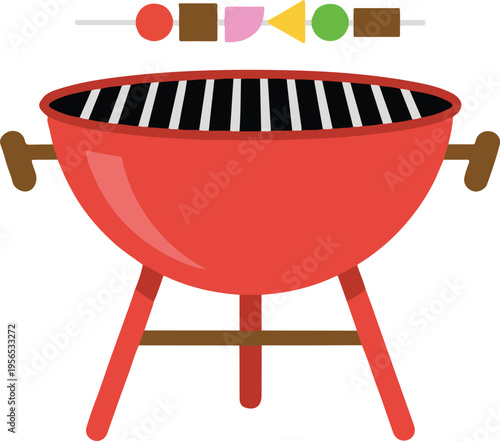 Red barbecue kettle grill with a colorful vegetable and meat shish kabob skewer, backyard cooking vector illustration