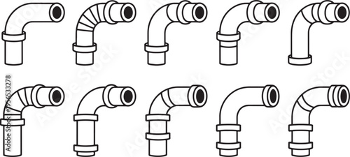 Set of Ten Engineering Technical Icons Featuring Various Ninety Degree Elbow Pipe Connector Par