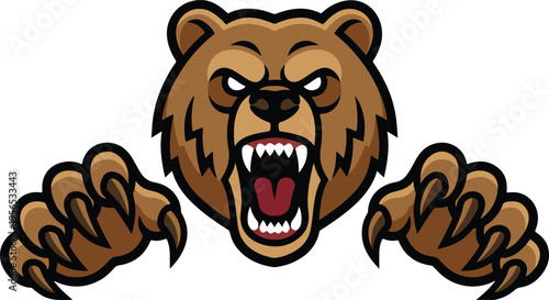 Aggressive grizzly bear mascot with bared teeth and sharp claws, fierce wildlife vector illustration