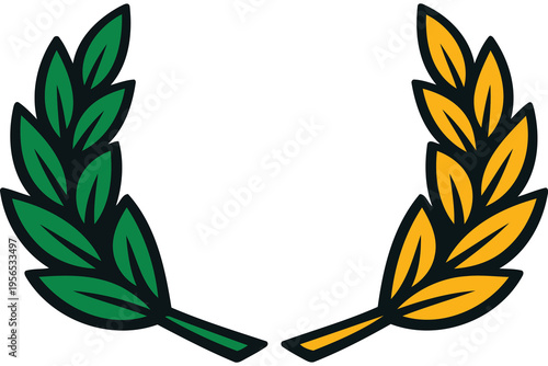 A minimalist graphic illustration featuring two stylized laurel branches in green and gold colors Vector