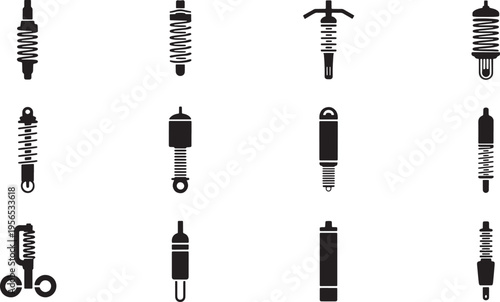 Set of Various Vehicle Shock Absorber Icons and Suspension System Components Vector Illustratio