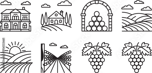 Set of Vineyard and Winery Line Art Vector Icons Featuring Grapevines and Wine Production