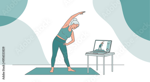 Senior woman doing stretching exercise at home following online fitness class guidance
