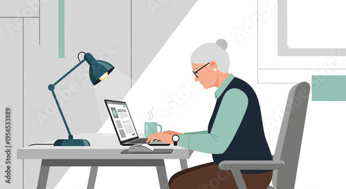 Senior woman engaging in remote work and utilizing laptop computer from home office setting