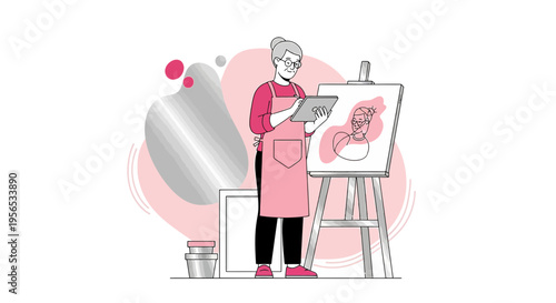 Senior woman engaging in digital painting with the aid of tablet on canvas artwork