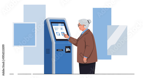 Senior woman engaging with a modern kiosk interface showcasing digital engagement and inclusion