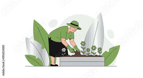 Senior woman lovingly tending her garden with a planter filled with flowering plants