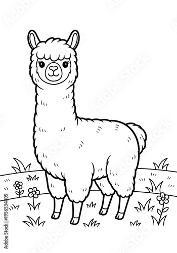 A cute llama standing in a field of flowers and grass