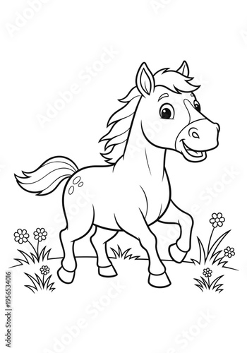 A cartoon horse standing in a field of flowers