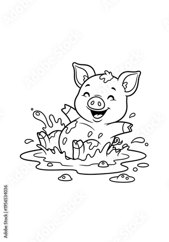 A cartoon pig playing in a muddy puddle