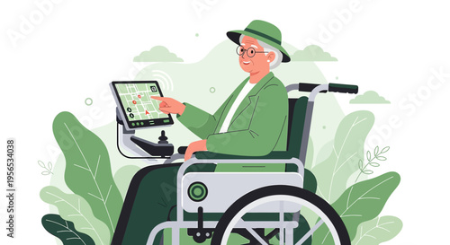Senior woman navigating with assistive technology in a natural and calming environment