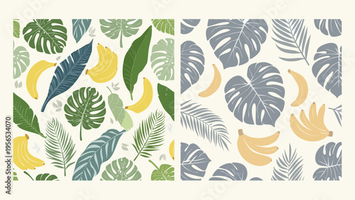 Seamless tropical pattern collection featuring vibrant yellow bananas and various green botanical leaves, perfect for summer fabrics, exotic wallpaper, and nature-inspired digital designs