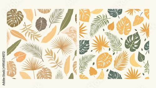 Seamless tropical patterns set showcasing hand-drawn botanical leaves. Earthy color palette, ideal for modern textile and digital backgrounds