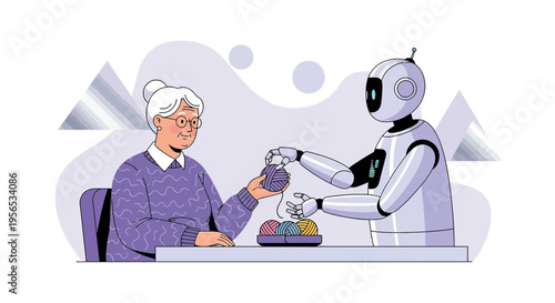 Senior woman receives yarn assistance from a caring robot in a future home setting scenario