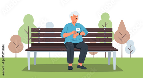 Senior Man Using Smartwatch on Park Bench: Embracing Technology in Retirement and Leisure
