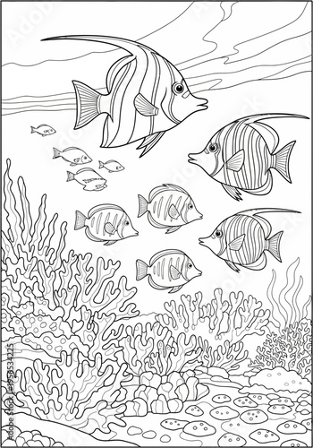 A school of fish swimming near coral reef