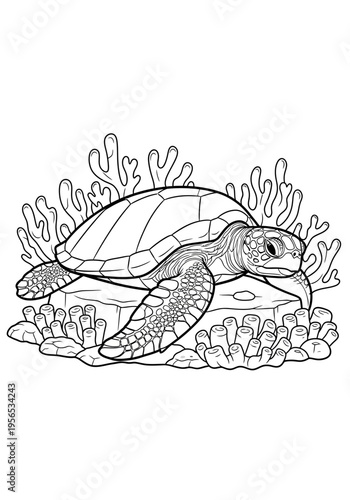 A turtle sitting on a rock near coral reef