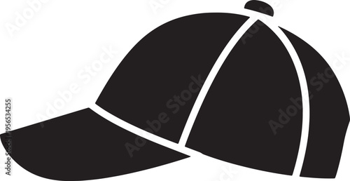 A minimalist black and white vector illustration of a classic baseball cap with a curved brim Vector, illustration
