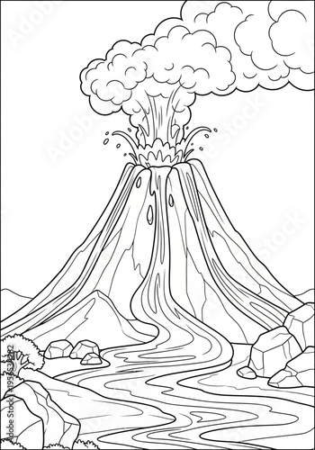 A large volcano erupting with smoke and lava