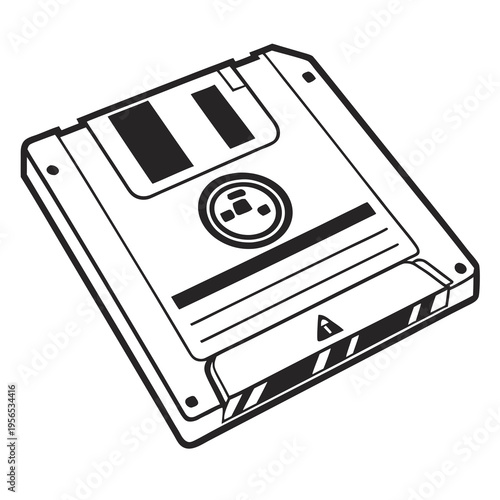 A black and white drawing of a floppy disk