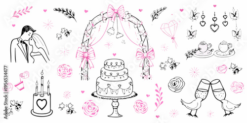 A whimsical collection of hand drawn wedding elements in pink and black