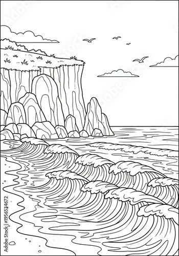 A black and white drawing of a rocky cliff by the ocean