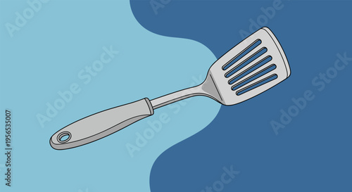 Essential stainless steel kitchen spatula tool with a grey handle used for flipping food isolated on a blue background.