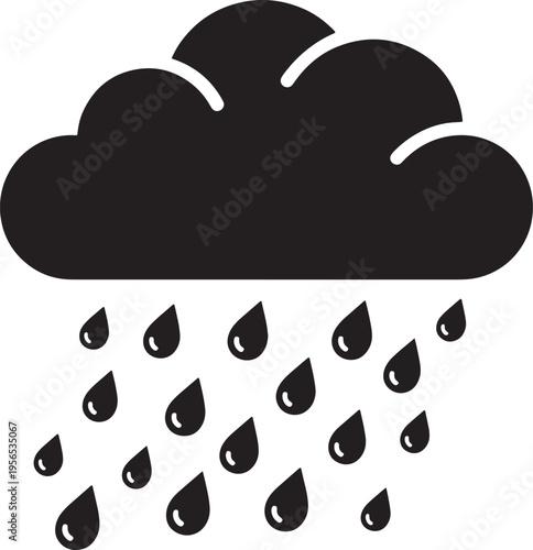 A simple black silhouette icon of a rain cloud showing heavy precipitation falling downward today Vector, illustration