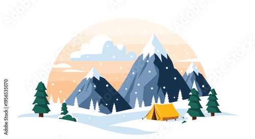 Beautiful winter landscape featuring a yellow tent pitched in the snow with majestic mountains and pine trees in the background.