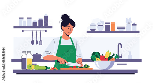 Young woman wearing a green apron preparing a healthy meal by chopping fresh vegetables on a wooden board in the kitchen.