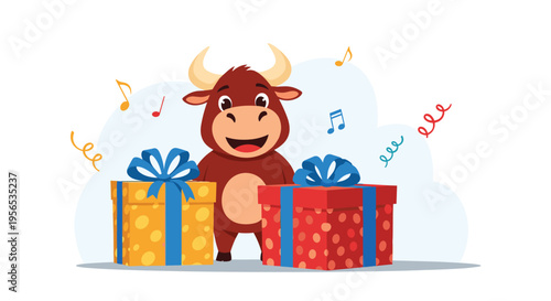 Happy cartoon bull character celebrating with two large gift boxes wrapped in yellow and red paper with blue bows.