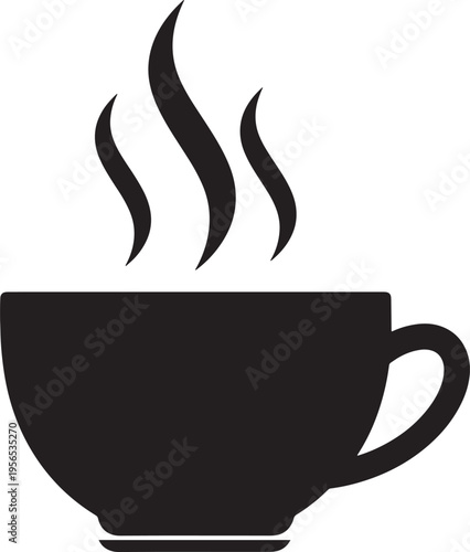 A minimalist black silhouette of a steaming cup of coffee or hot tea on a plain white background Vector, illustration