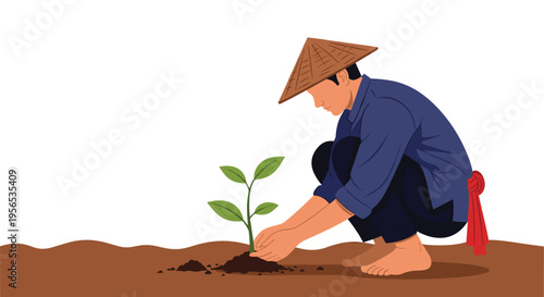 Dedicated farmer wearing a traditional conical hat planting a young green sapling in fertile brown soil on a clear day.