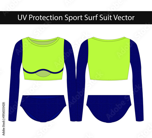 Long Sleeve Rash Guard Swimwear Set Technical Flat Front Back with Bikini Bottom UV Protection Sport Surf Suit Vector for Active wear Design Clothing Template