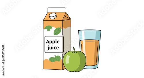 Refreshing carton of apple juice standing next to a full glass and a crisp green apple on a white background.