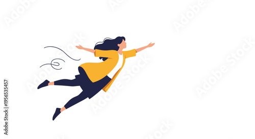Empowered young woman in a yellow cardigan and dark dress flying freely through the air with arms wide open.