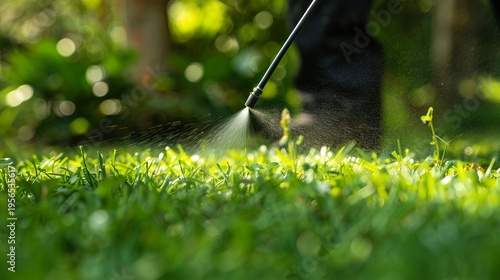 Professional applicator spraying pest control on vibrant green lawn for effective pest management