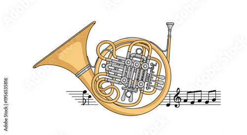 Detailed brass french horn musical instrument with grey valves and slides accompanied by black musical notes and a staff.