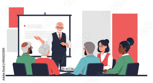 Senior Educator Leads a Diverse Group in Training Session with Projector Screen Displayed for