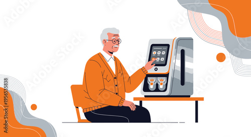 Senior man enjoying an automated coffee maker, showcasing technological integration and modern